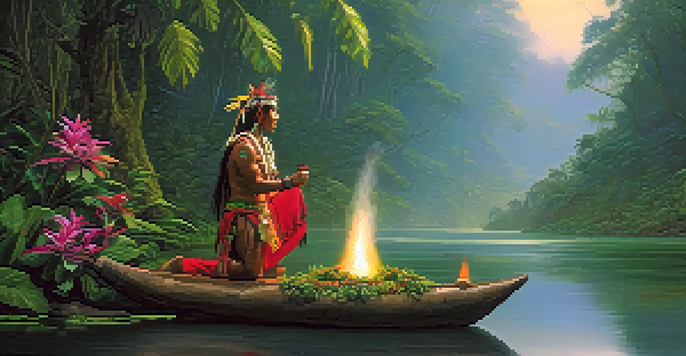 A shaman in traditional attire standing near a fire in a misty Amazon rainforest with lush greenery and a river.