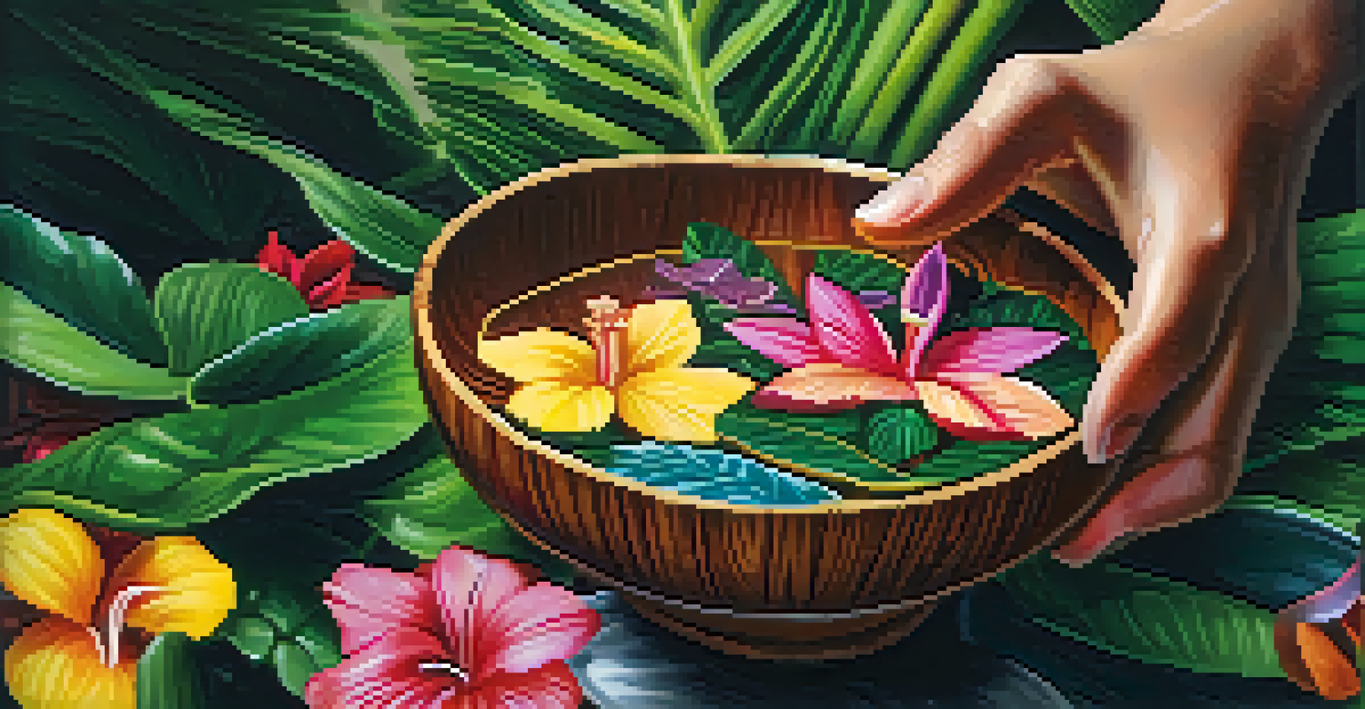 A hand holding a wooden bowl filled with ayahuasca, surrounded by green leaves and flowers.