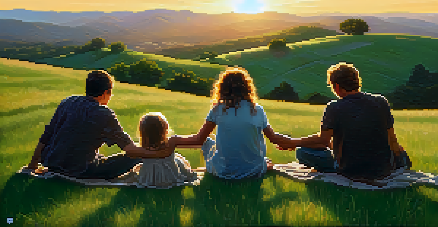 A group of people holding hands in a circle during sunset, surrounded by a warm, golden light.
