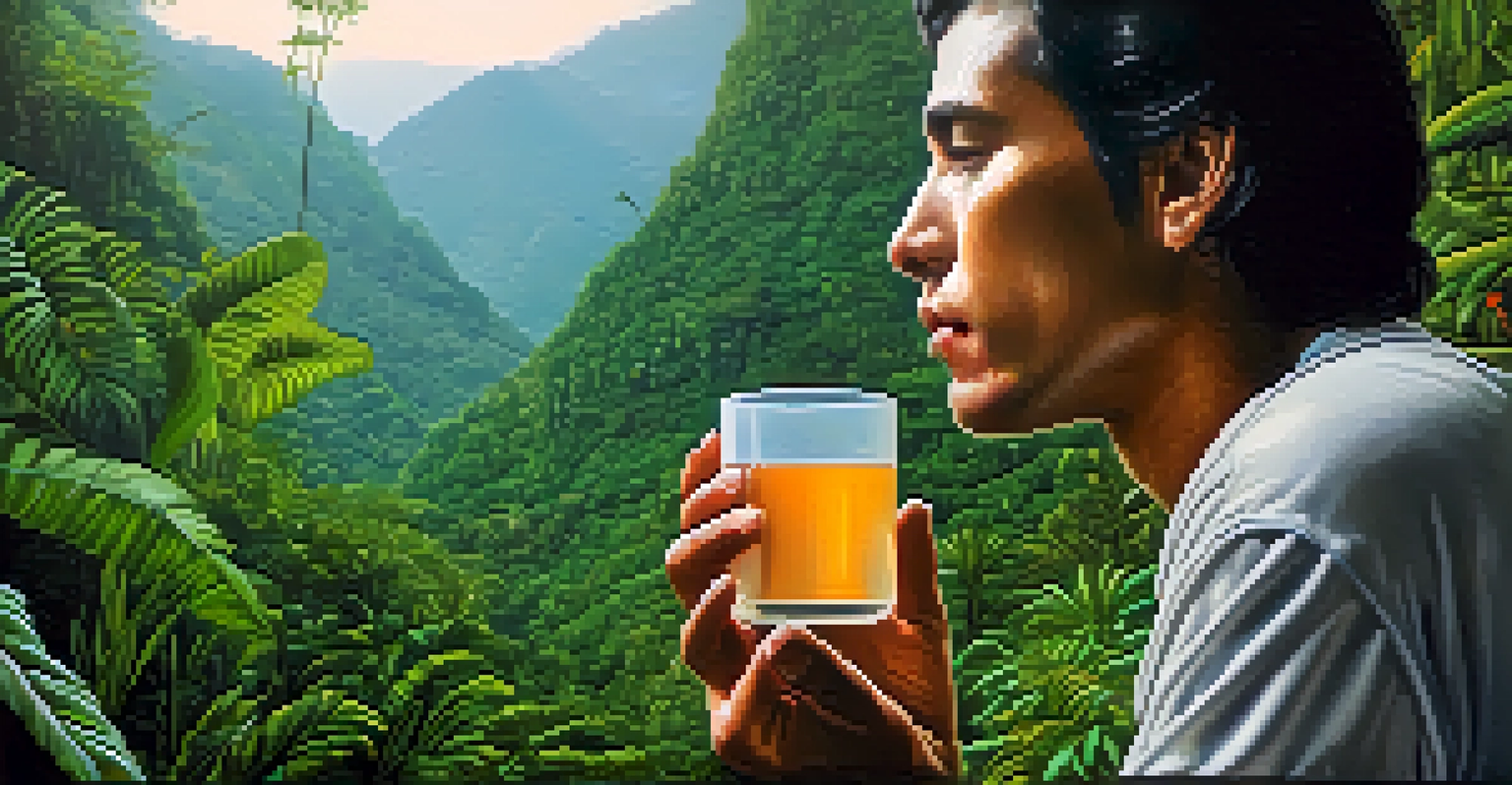 A close-up of a person holding a cup of ayahuasca brew, looking contemplative, with a blurred rainforest background and soft natural light.