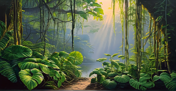 A peaceful Amazon rainforest at dawn, featuring rich green vines and leaves illuminated by soft golden light.