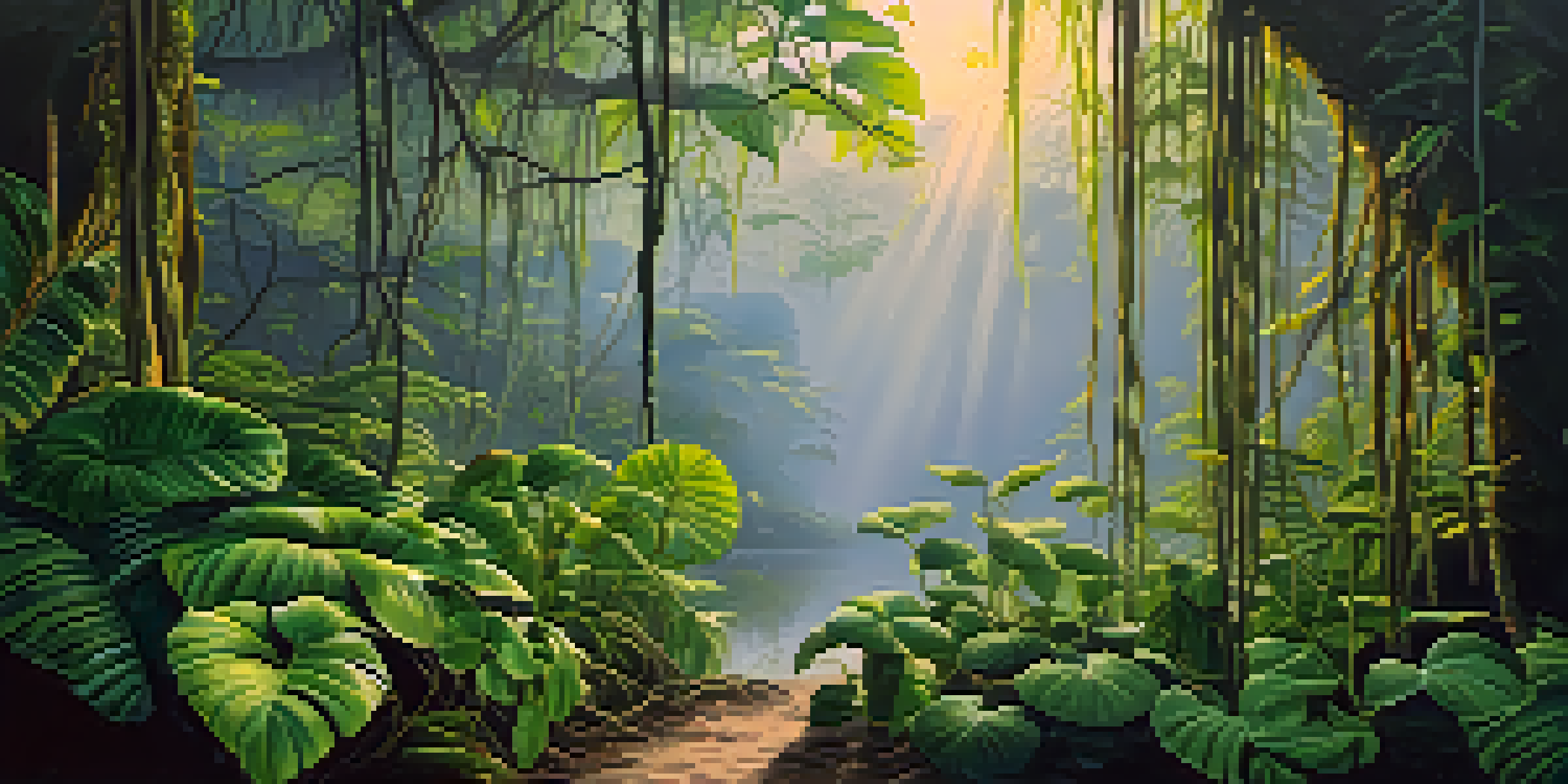 A peaceful Amazon rainforest at dawn, featuring rich green vines and leaves illuminated by soft golden light.
