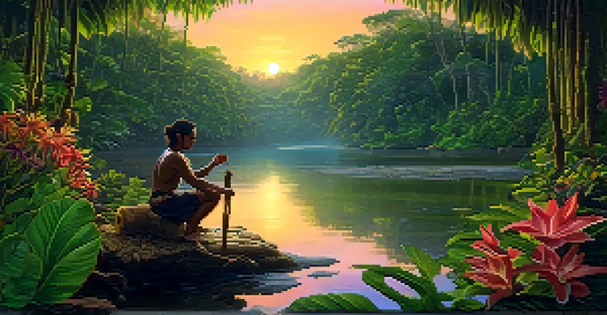 An Indigenous healer in the Amazon rainforest preparing ayahuasca brew, with a clear river and lush greenery in the background.