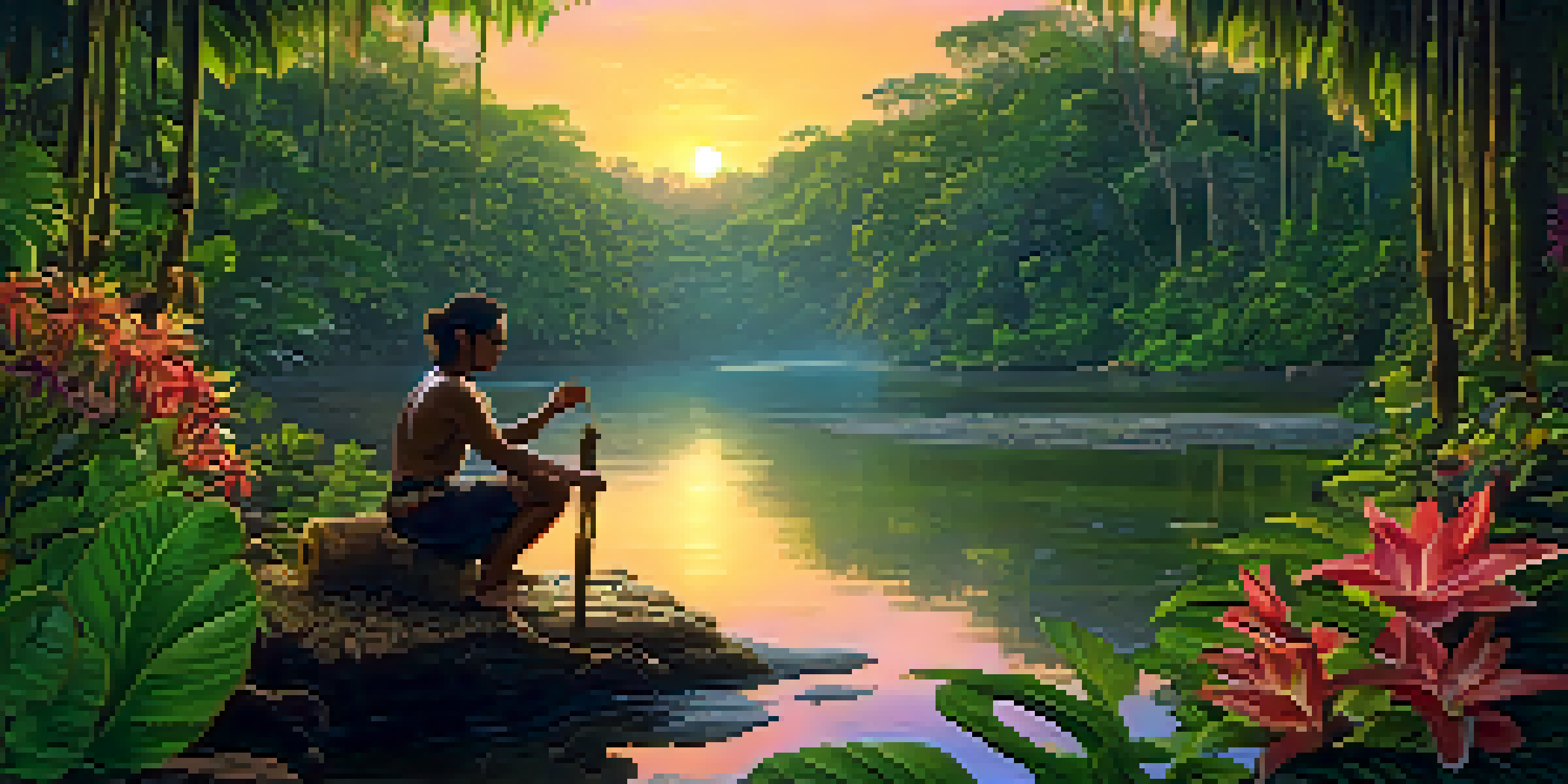 An Indigenous healer in the Amazon rainforest preparing ayahuasca brew, with a clear river and lush greenery in the background.