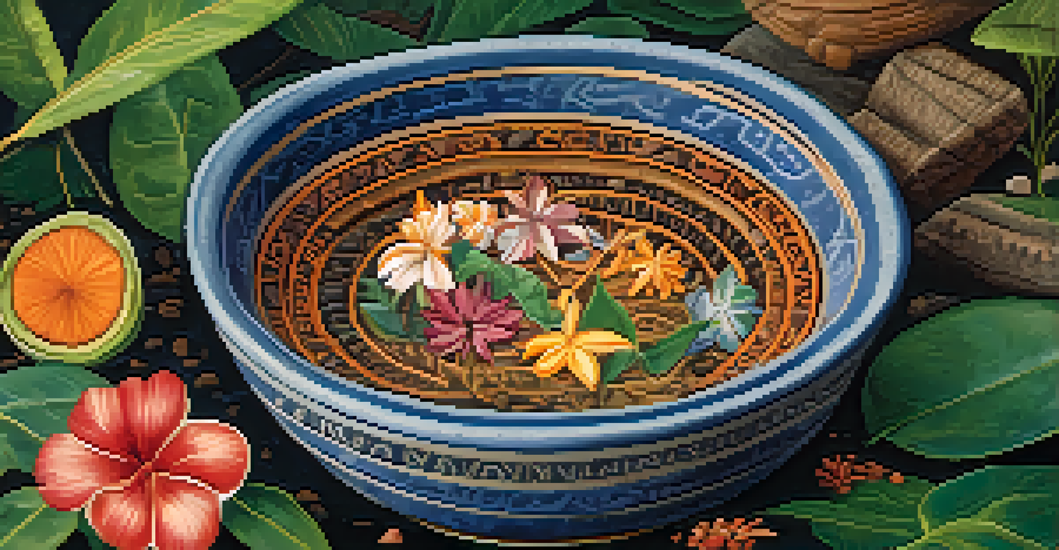 A traditional Ayahuasca brew in a ceramic bowl, surrounded by leaves and stones, showcasing its rich earthy color in soft lighting.