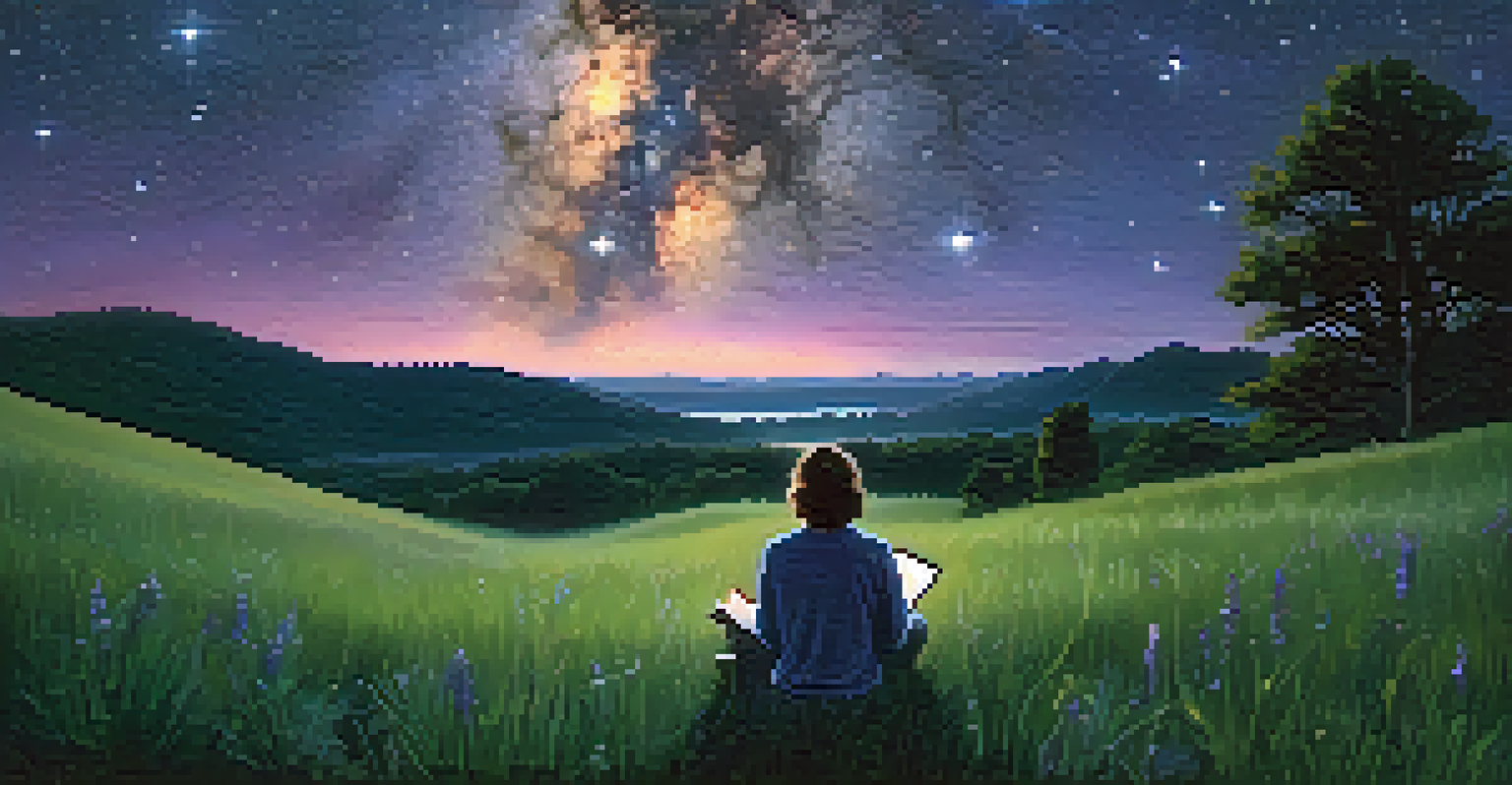 An individual journaling under a starry sky, surrounded by nature, conveying a sense of peace and introspection.