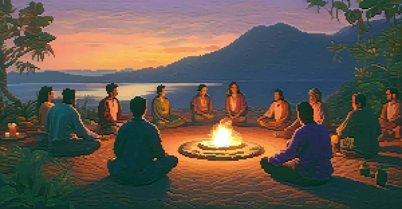 A peaceful Ayahuasca ceremony at sunset with participants in meditation around a fire.