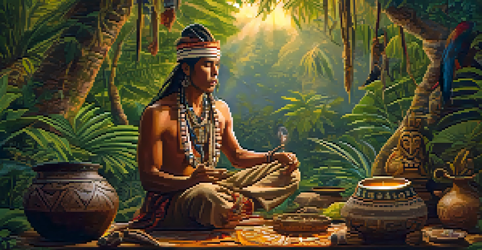 An indigenous shaman preparing an Ayahuasca brew in a jungle setting, surrounded by natural elements.