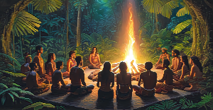 A peaceful Amazonian rainforest with participants sitting around a fire during an ayahuasca ceremony, surrounded by greenery and sunset light.