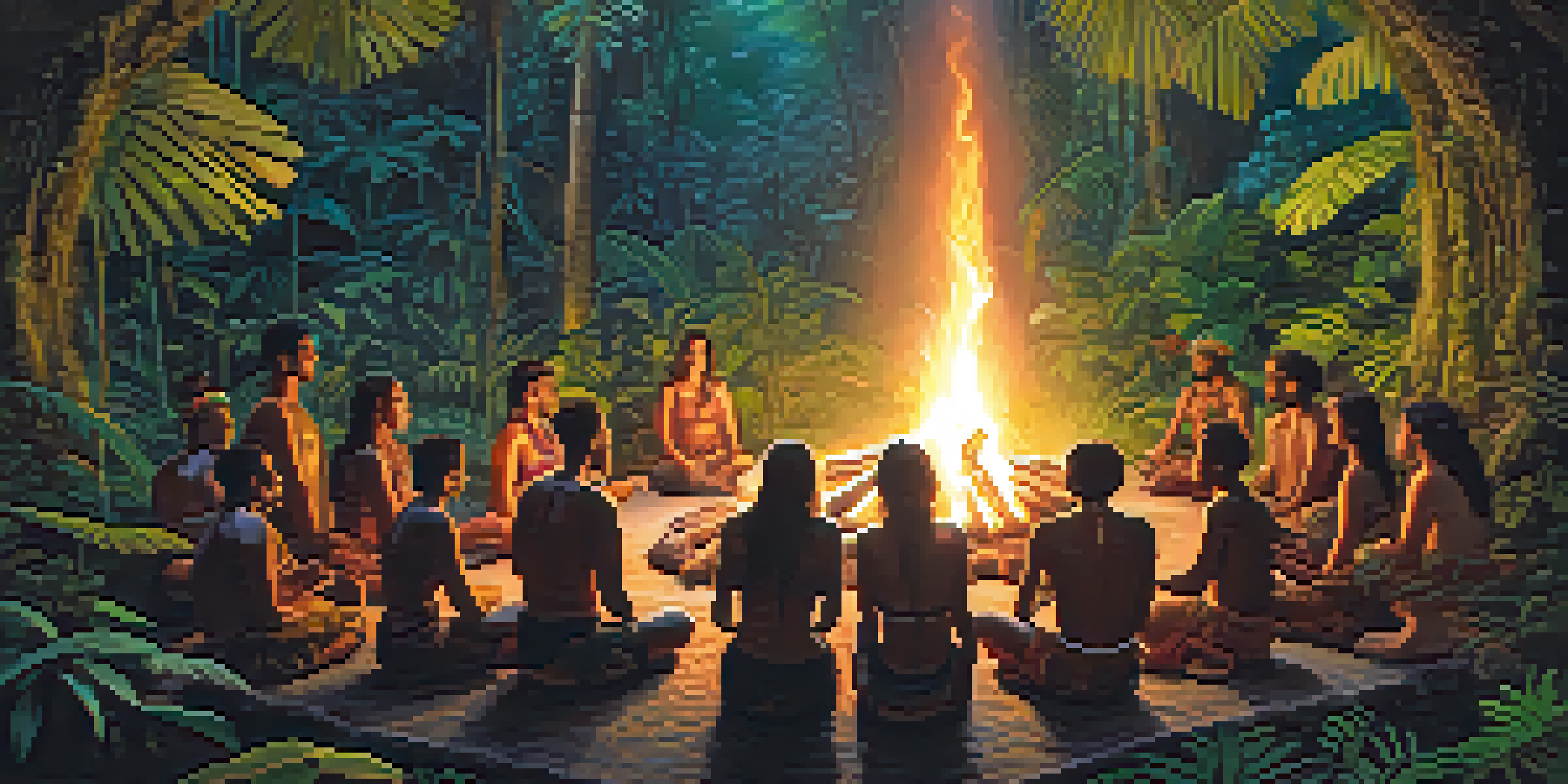A peaceful Amazonian rainforest with participants sitting around a fire during an ayahuasca ceremony, surrounded by greenery and sunset light.