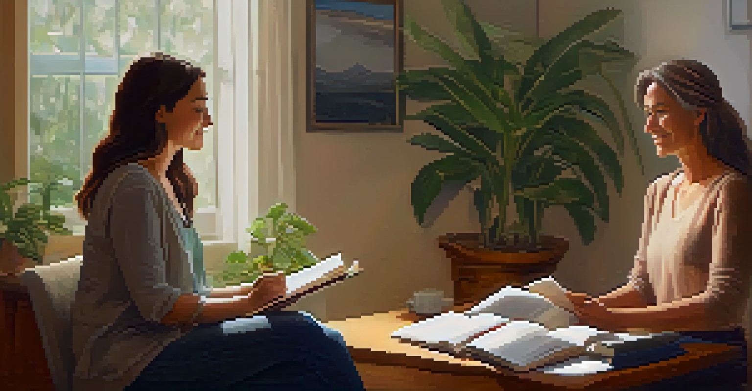 A therapist and client engaged in a heartfelt discussion in a cozy therapy room filled with plants and warm lighting.