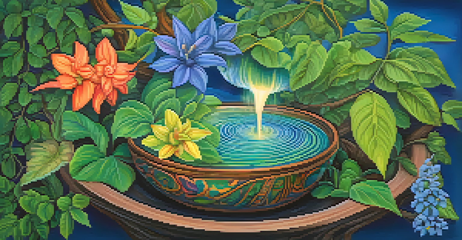 A colorful artistic depiction of the Ayahuasca brew with vines and flowers on a dreamy background.