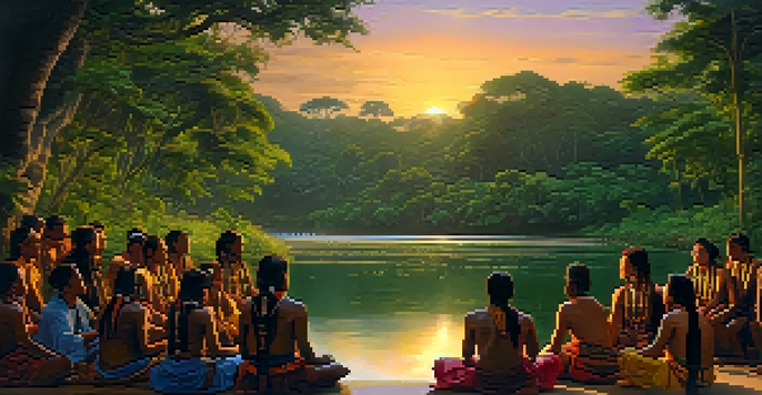 An Amazonian landscape at dusk with a shaman singing to a circle of participants by a river reflecting the sunset.