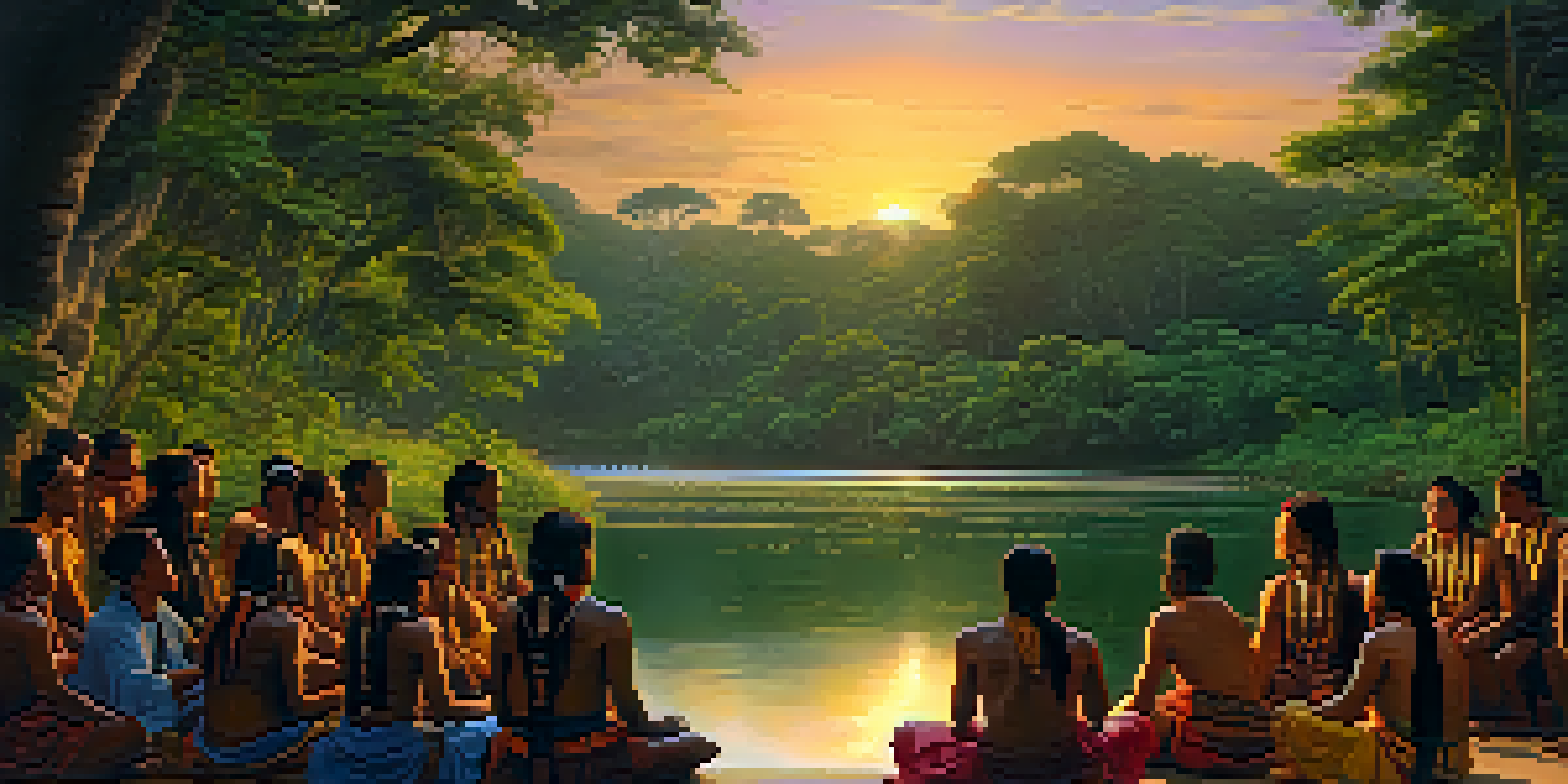 An Amazonian landscape at dusk with a shaman singing to a circle of participants by a river reflecting the sunset.