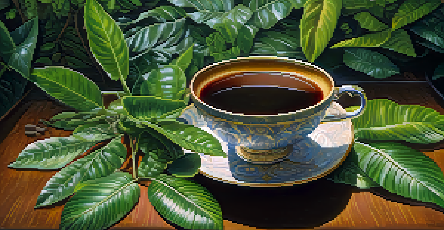 A close-up of a cup filled with ayahuasca brew, surrounded by Amazonian leaves and flowers, showcasing natural textures and earthy colors.