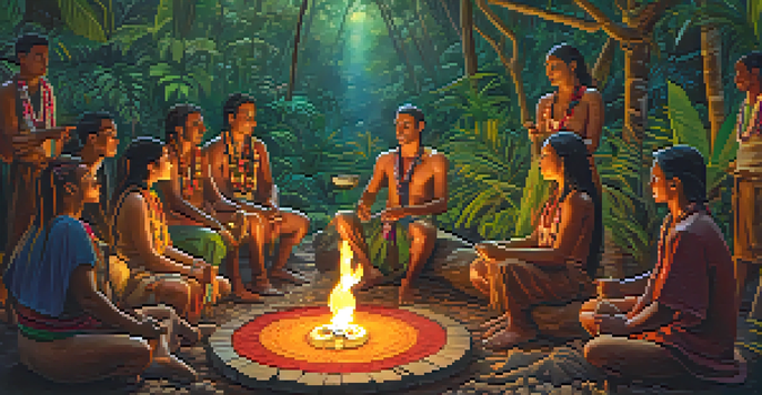 A peaceful jungle scene during an ayahuasca ceremony, with participants sitting around a fire and a shaman in traditional clothing.
