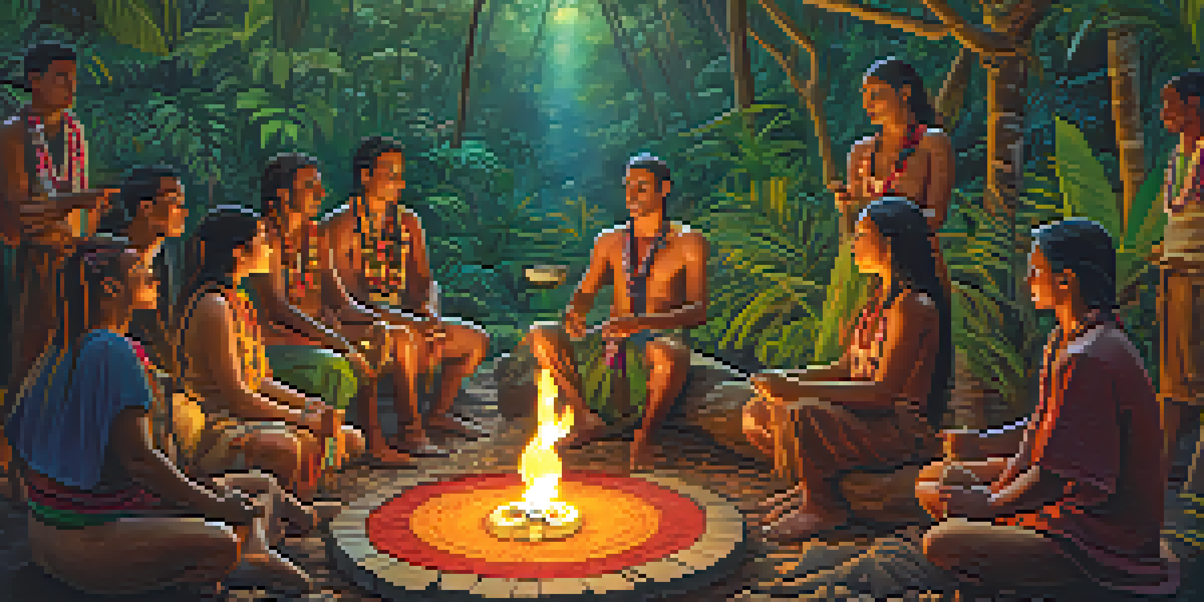 A peaceful jungle scene during an ayahuasca ceremony, with participants sitting around a fire and a shaman in traditional clothing.