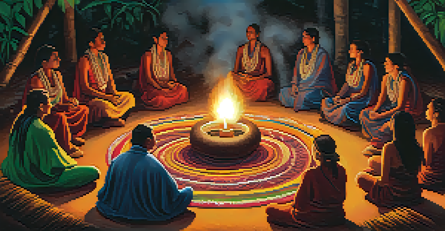 A shaman leading an ayahuasca ceremony with participants in a dimly lit setting surrounded by candles.