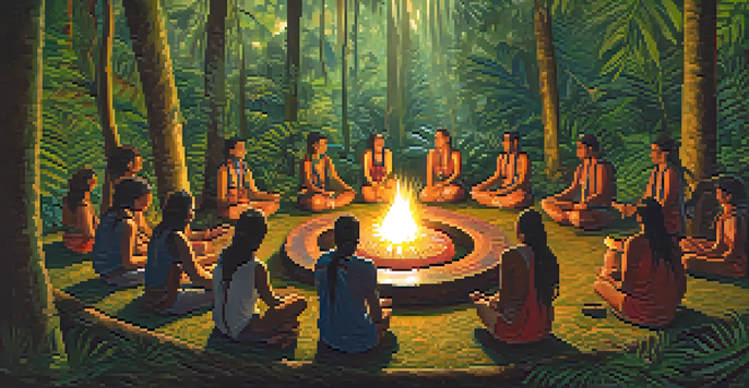 A peaceful setting of an Ayahuasca ceremony in the Amazon rainforest, showing participants in a circle around a fire, with a focus on nature and traditional ceremonial elements.