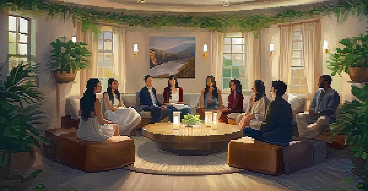 A supportive group sharing session after an Ayahuasca ceremony, with participants engaged in deep conversation in a cozy setting.