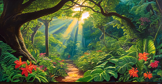 A vibrant tropical landscape with a regenerative agriculture farm for ayahuasca, featuring green foliage, the Banisteriopsis caapi vine, and diverse plants with sunlight filtering through the trees.