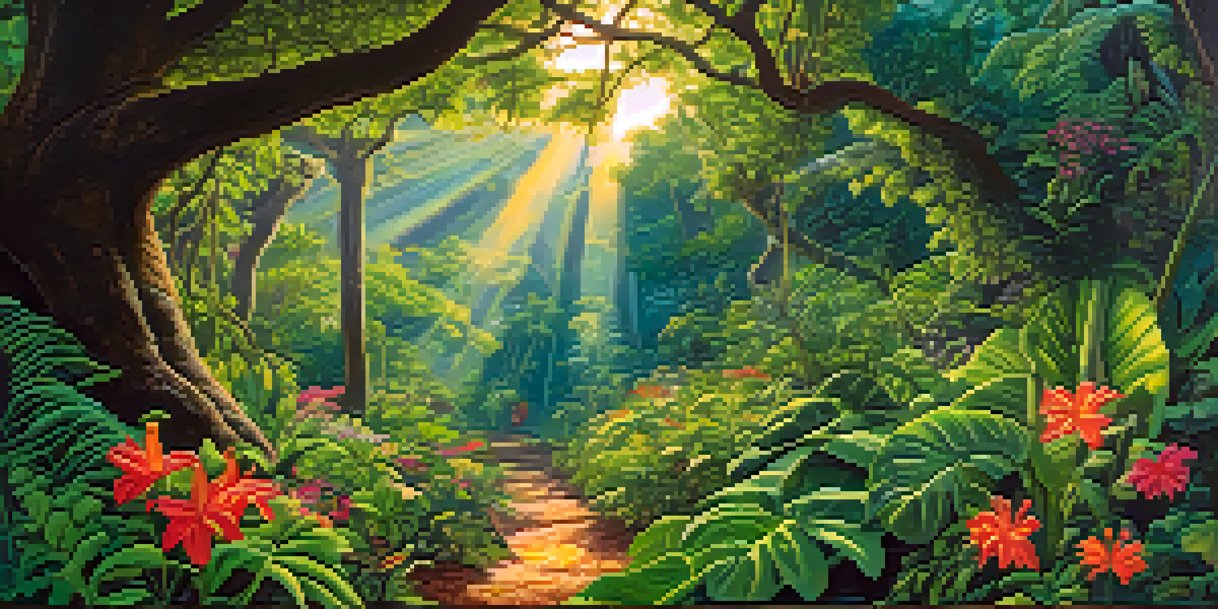 A vibrant tropical landscape with a regenerative agriculture farm for ayahuasca, featuring green foliage, the Banisteriopsis caapi vine, and diverse plants with sunlight filtering through the trees.