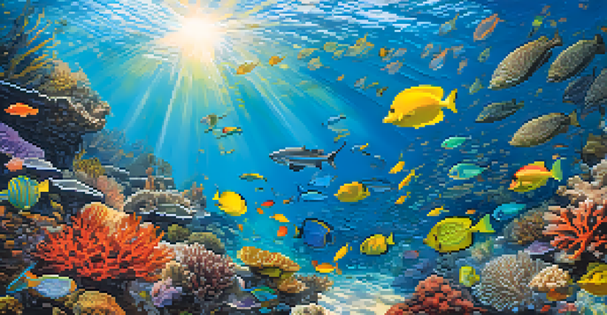 A lively coral reef underwater scene filled with colorful fish and corals, illuminated by sunlight filtering through the water.
