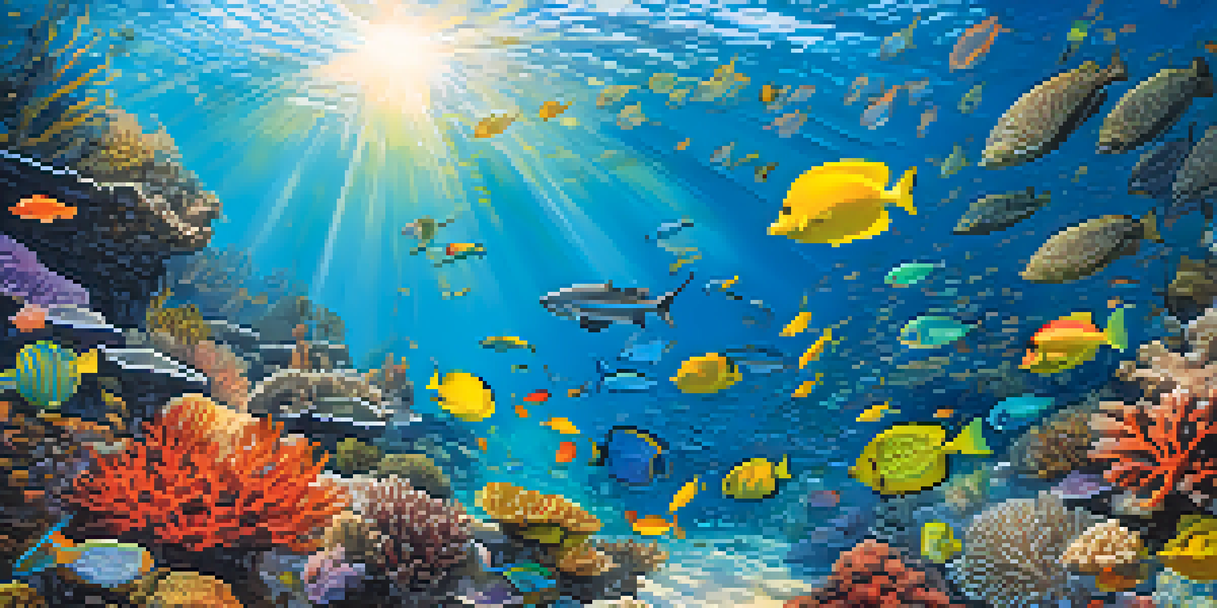 A lively coral reef underwater scene filled with colorful fish and corals, illuminated by sunlight filtering through the water.