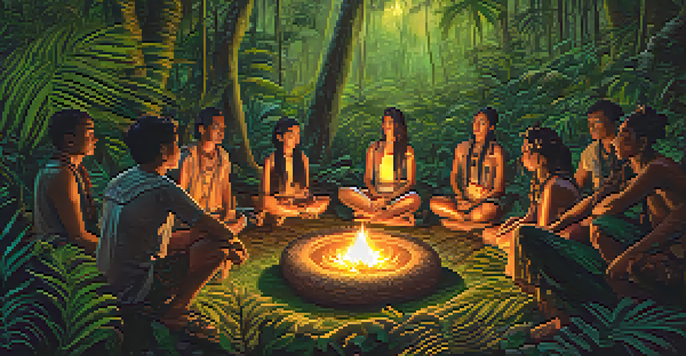 A peaceful Ayahuasca ceremony in an Amazon rainforest, showcasing participants in a circle around a fire, surrounded by greenery.