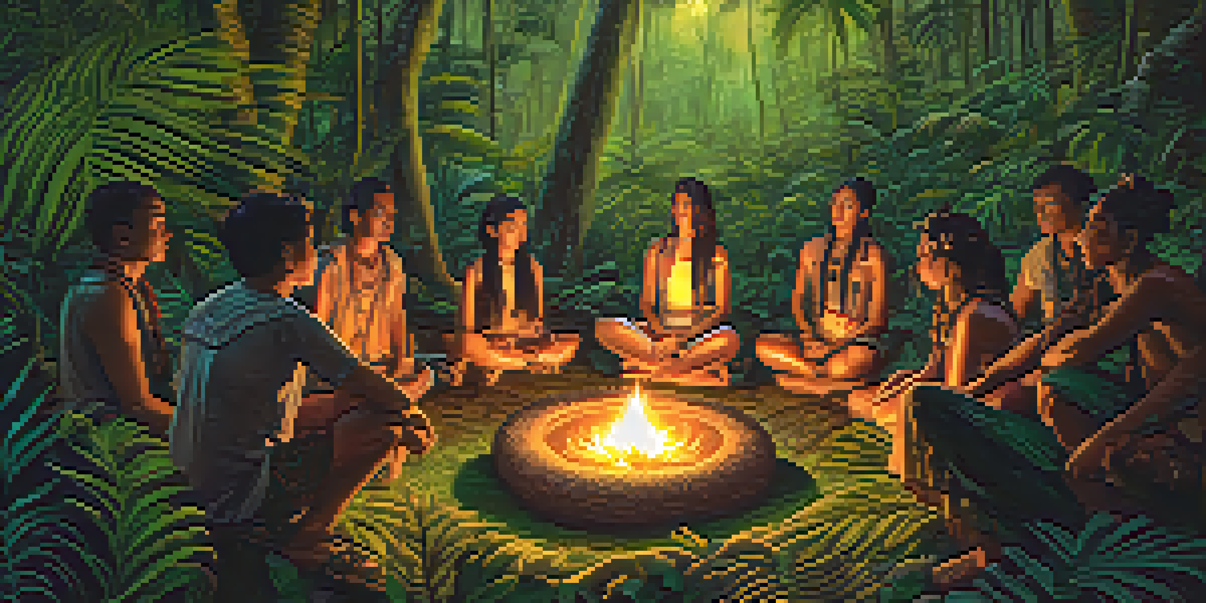 A peaceful Ayahuasca ceremony in an Amazon rainforest, showcasing participants in a circle around a fire, surrounded by greenery.