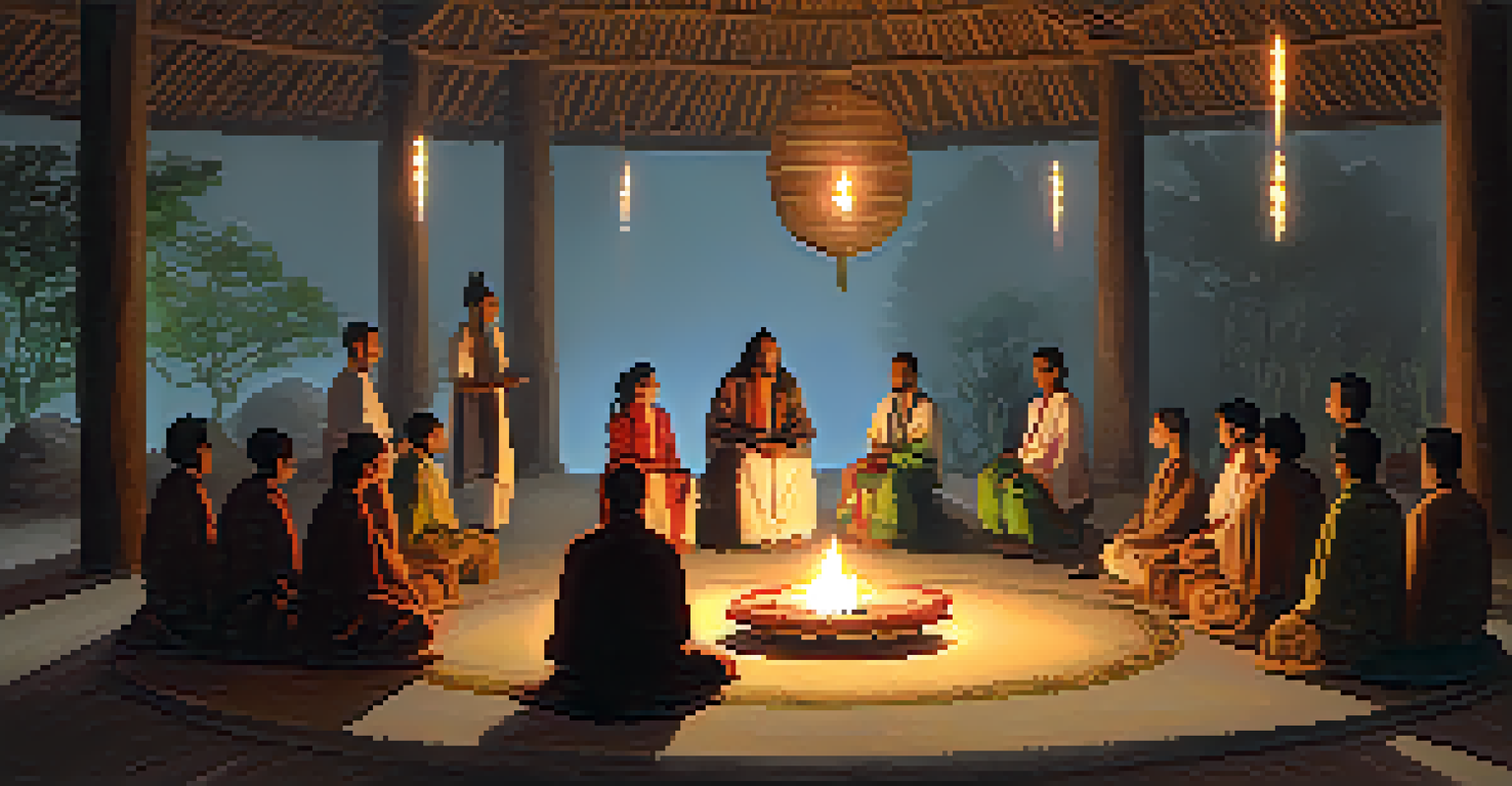 A ceremonial gathering in a dimly lit space, featuring a diverse group of individuals seated in a circle with a shaman at the center, creating a spiritual atmosphere.