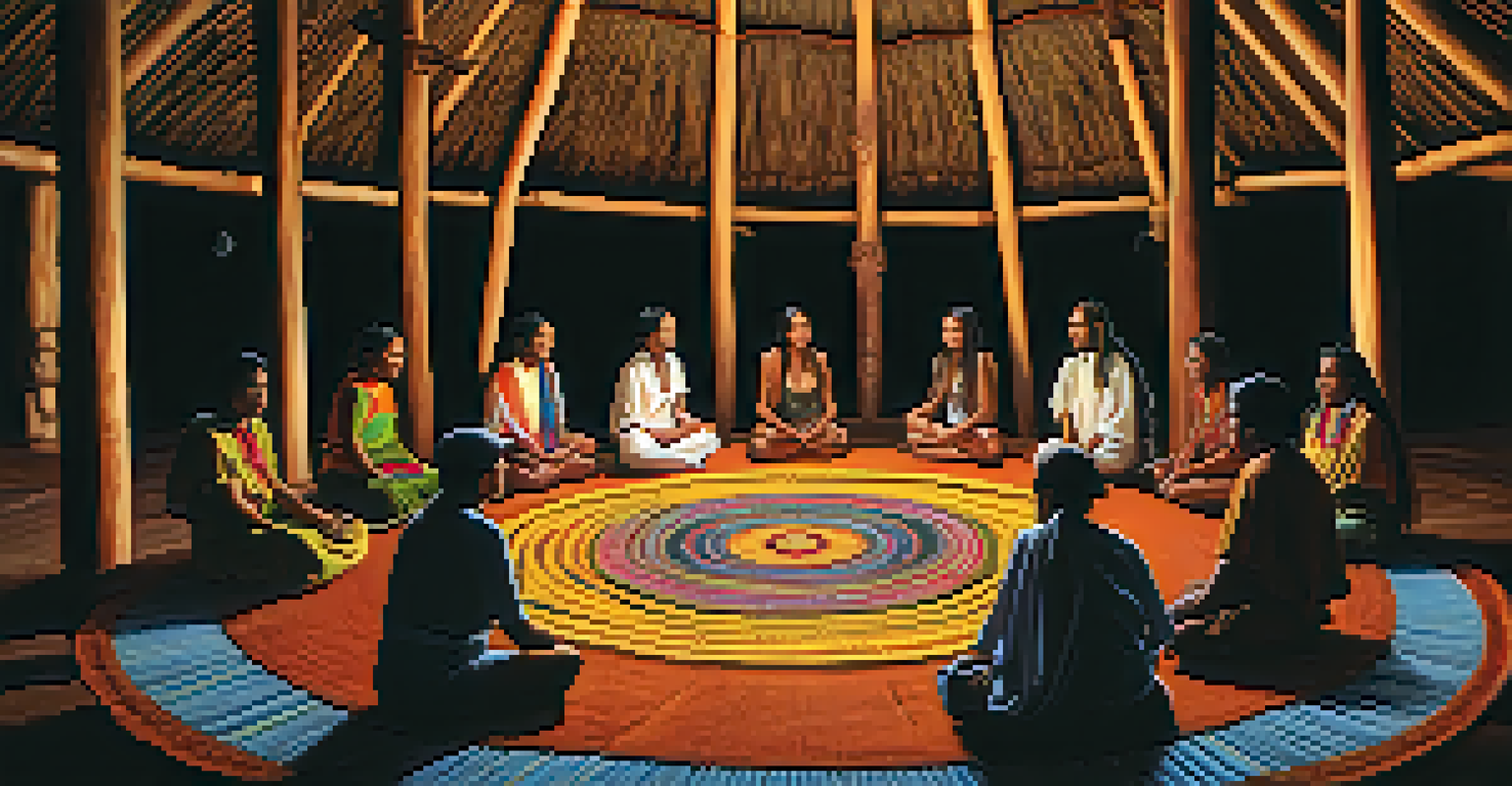An Ayahuasca ceremony scene with participants seated in a circle on woven mats, surrounded by indigenous artwork and soft candlelight.