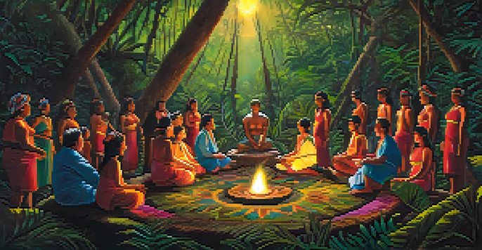 A shaman leading an Ayahuasca ceremony in a jungle, with participants seated around an altar filled with flowers and candles.