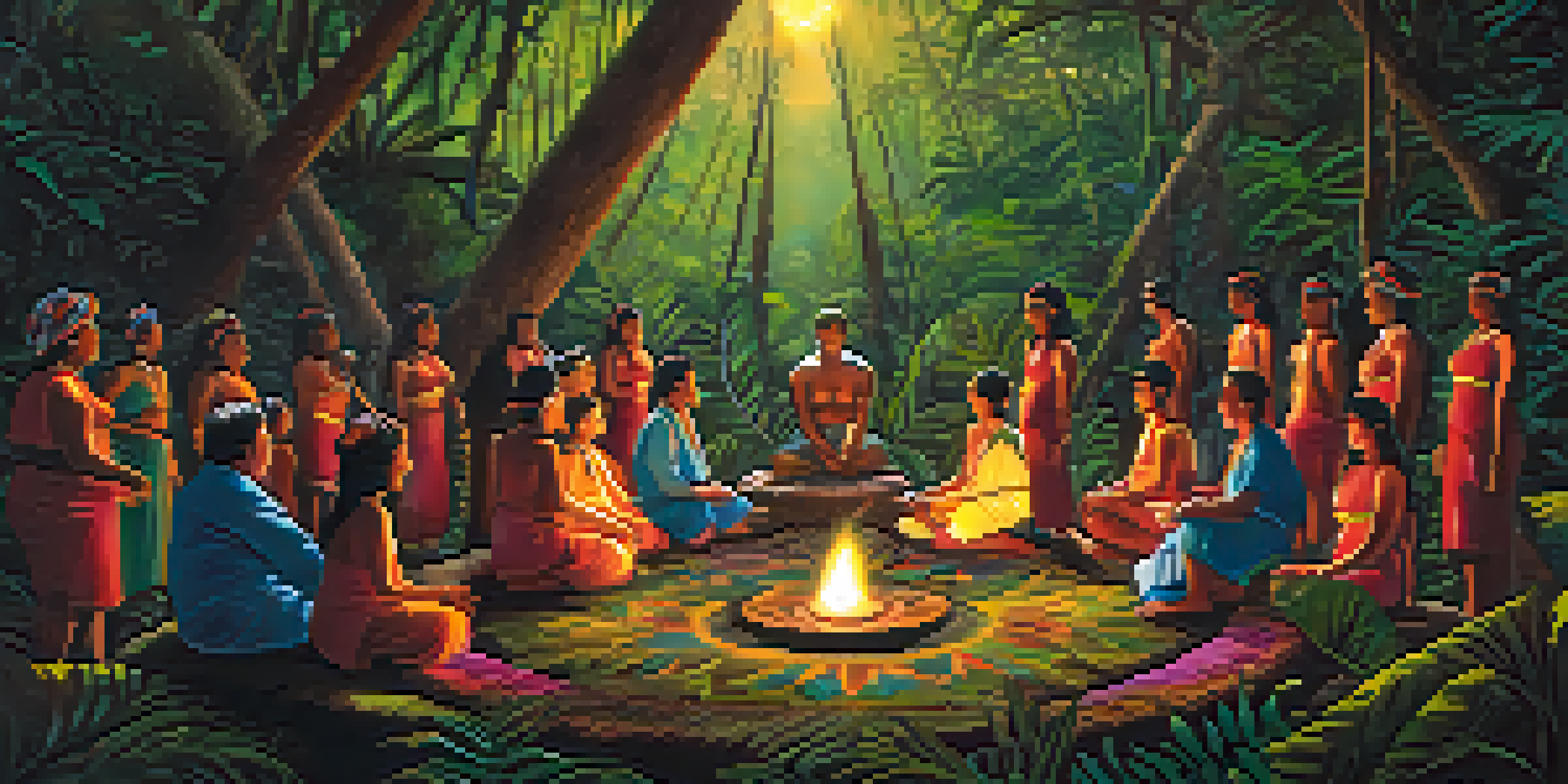 A shaman leading an Ayahuasca ceremony in a jungle, with participants seated around an altar filled with flowers and candles.