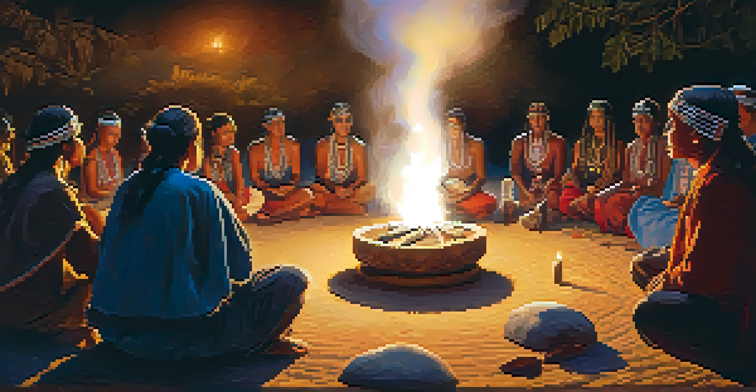 An Indigenous shaman performing a ritual at dusk, surrounded by participants in a circle with candles and smoke creating a spiritual atmosphere.