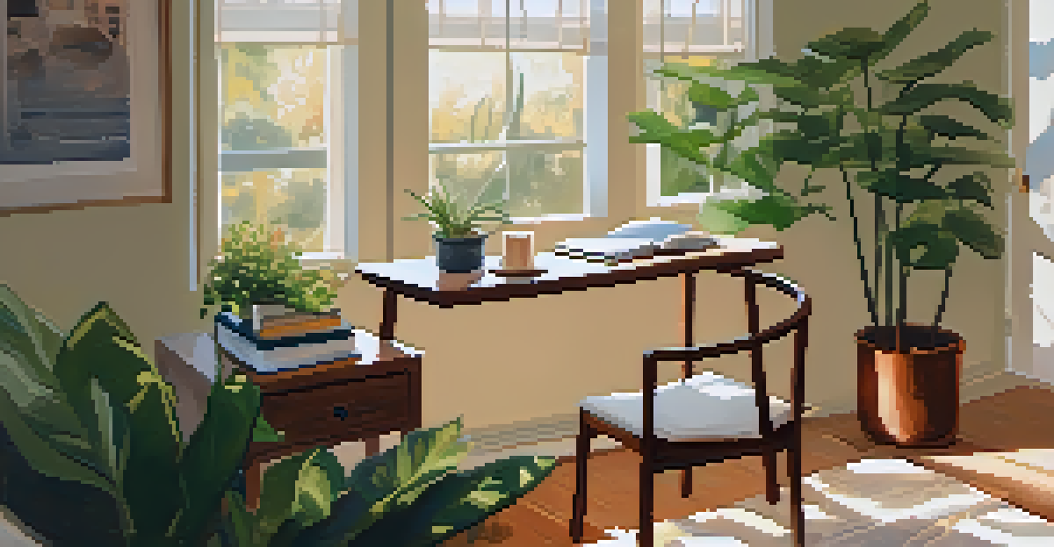 A cozy home reflection space post-ayahuasca ceremony, with a comfortable chair, journal, and plants, illuminated by warm sunlight.