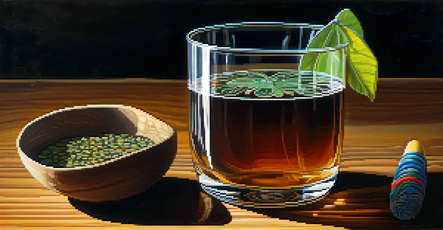 A close-up view of a glass of Ayahuasca brew on a wooden table, surrounded by indigenous artifacts, illuminated by natural light.