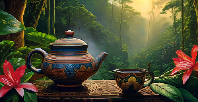 A peaceful rainforest with soft sunlight filtering through the trees, featuring a traditional ayahuasca brew in a ceramic cup surrounded by greenery and flowers.