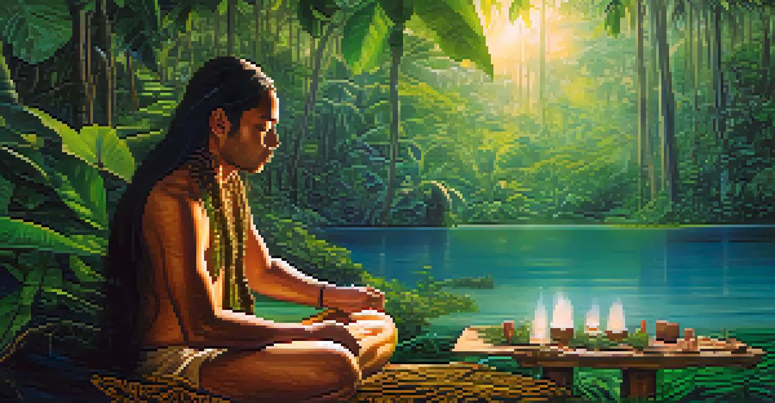 A person meditating during an ayahuasca ceremony, surrounded by soft light and faint outlines of animal spirits like a butterfly and a dolphin.
