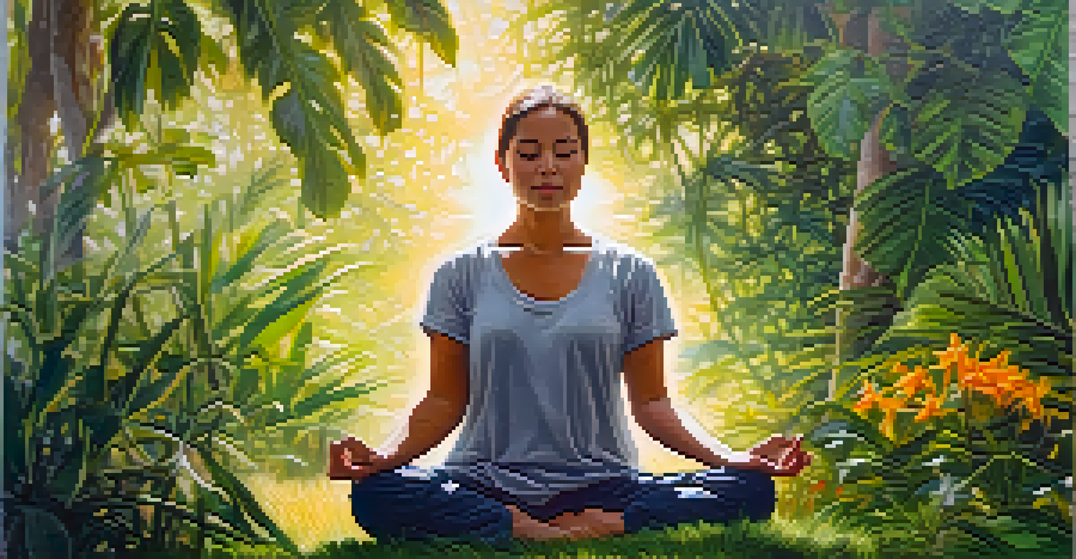 A person meditating peacefully in nature, surrounded by plants and sunlight, conveying a sense of tranquility.