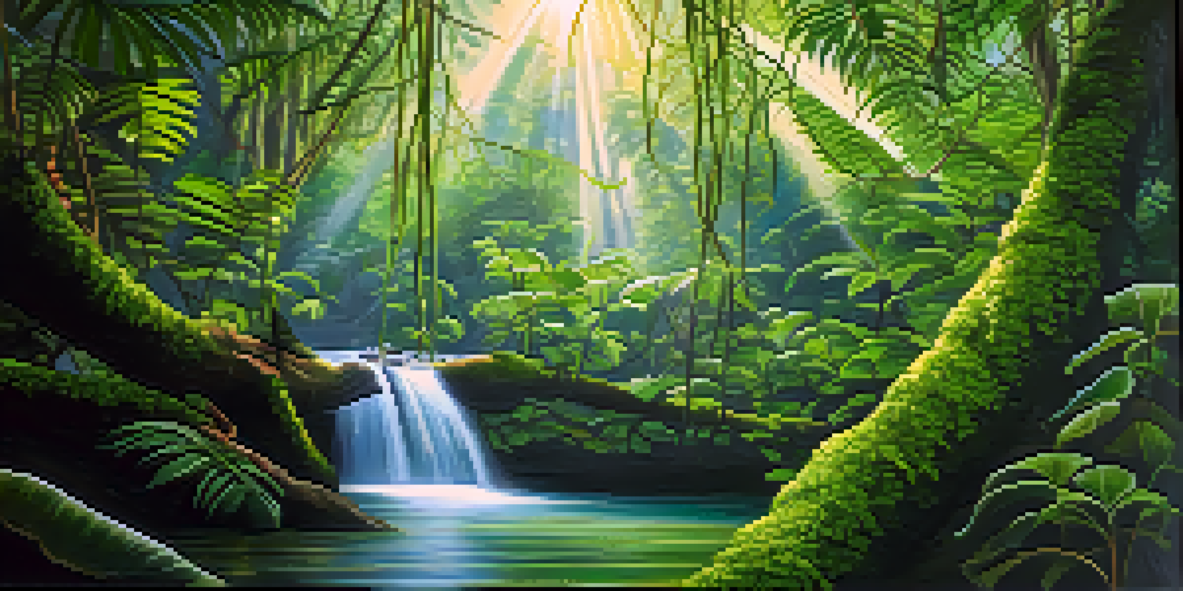 A peaceful view of the Amazon rainforest with vines and leaves, illuminated by sunlight.