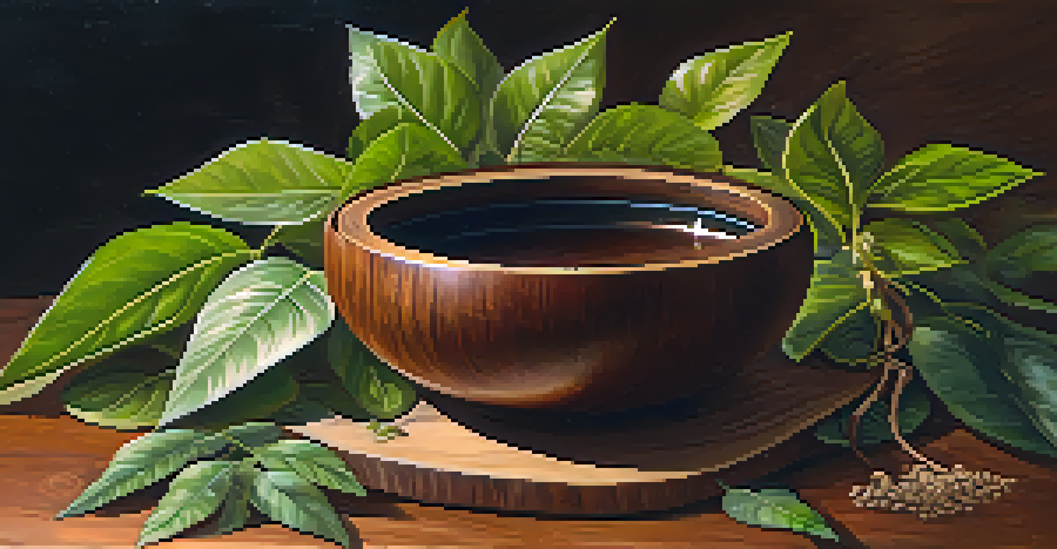 A close-up of a traditional Ayahuasca brew in a wooden bowl, surrounded by the vine and leaves used to make it.