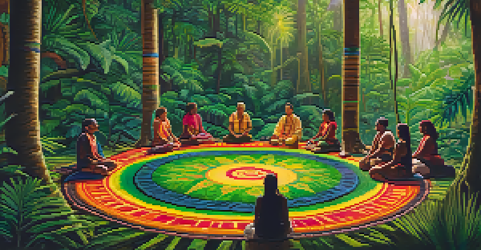 A group of diverse individuals participating in an ayahuasca ceremony in a rainforest, surrounded by vibrant flowers and guided by a traditional shaman.