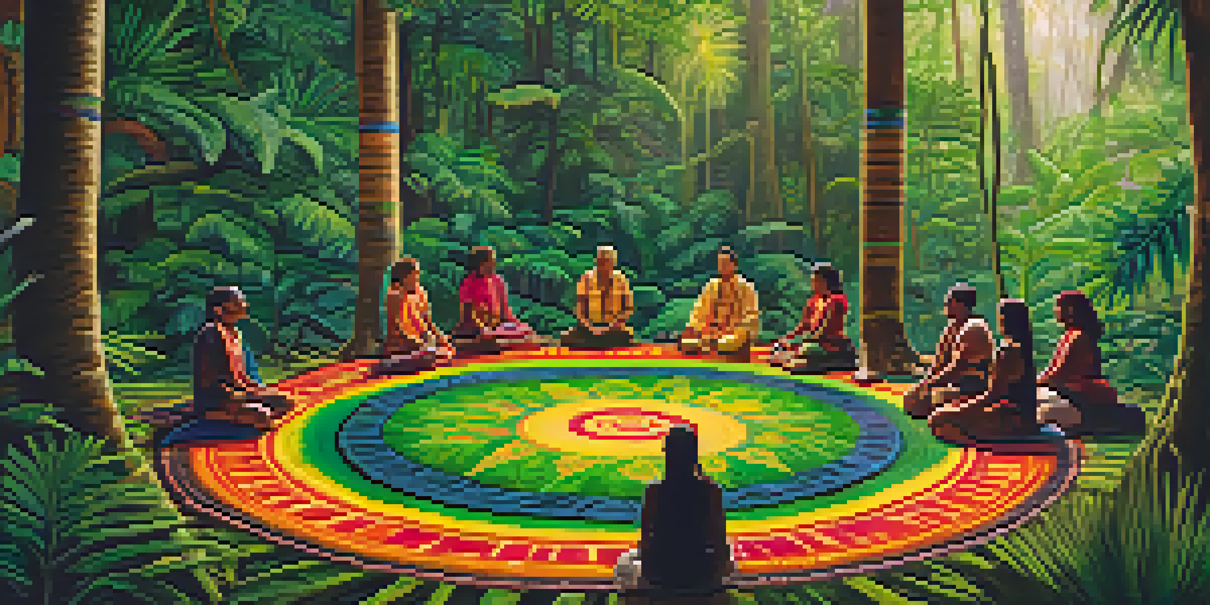 A group of diverse individuals participating in an ayahuasca ceremony in a rainforest, surrounded by vibrant flowers and guided by a traditional shaman.