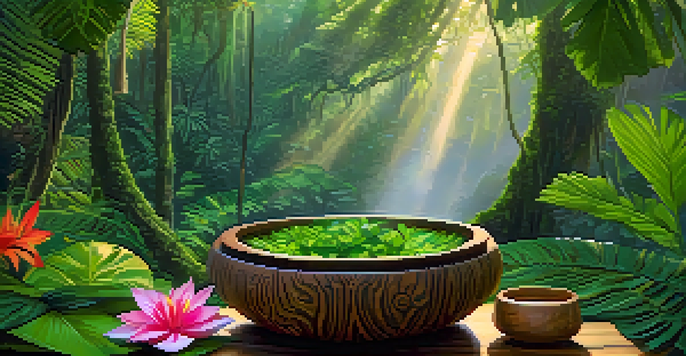 A tranquil Amazon rainforest with sunlight filtering through the leaves, featuring a traditional Ayahuasca brew in a wooden bowl surrounded by colorful tropical flora.