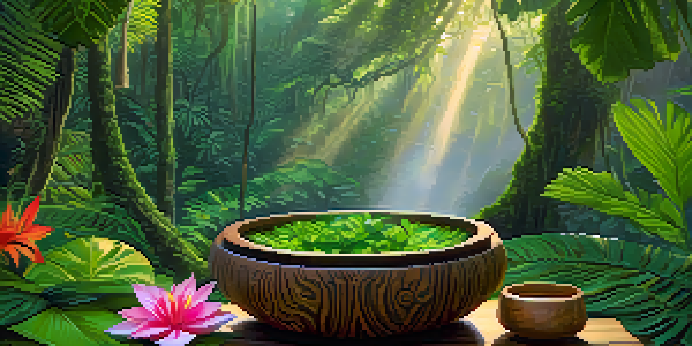 A tranquil Amazon rainforest with sunlight filtering through the leaves, featuring a traditional Ayahuasca brew in a wooden bowl surrounded by colorful tropical flora.