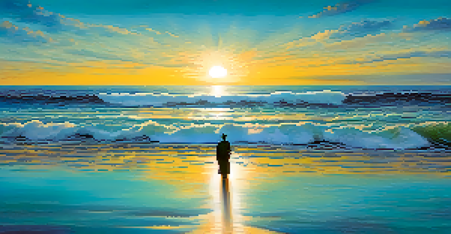 An abstract ocean scene illustrating unity, with blending waves and silhouettes of people on the shore.