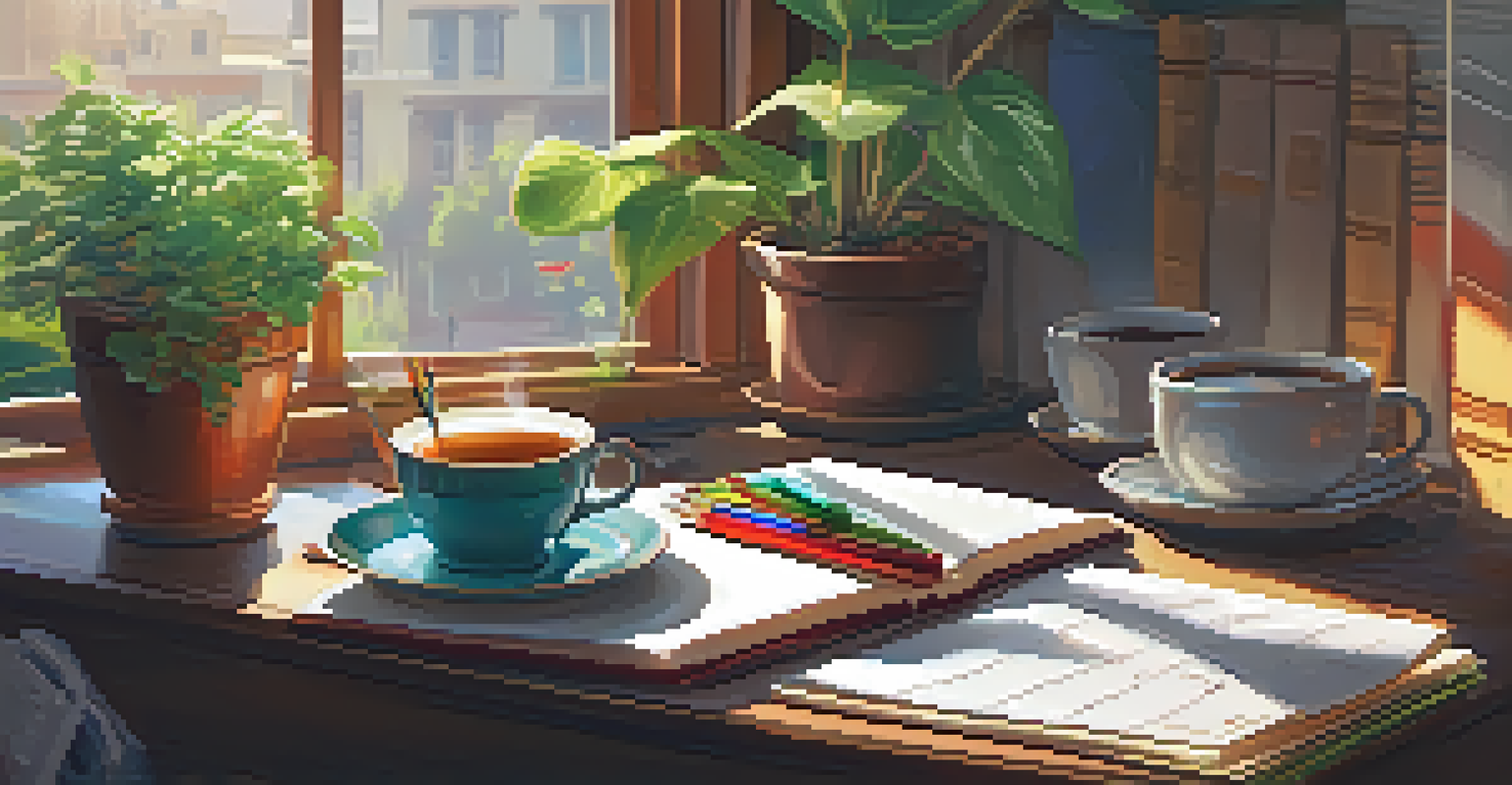 A person journaling by a sunlit window with a cup of tea and colorful pens on the desk.