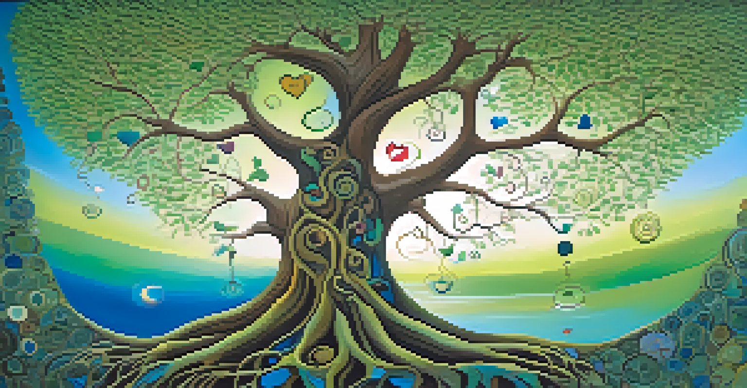 An abstract tree with roots intertwined with healing symbols, set against a calming green and blue background.