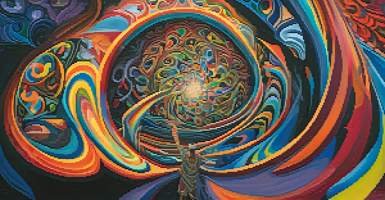 Abstract representation of a person experiencing transformation during an Ayahuasca session, with colorful patterns swirling around.